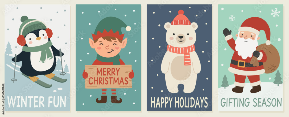 Fototapeta premium Christmas greeting card set with skiing penguin, elf, bear, Santa, holiday slogans, snow, and cute winter character scenes