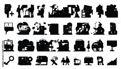 Silhouetted figures and objects are presented in various scenes, depicting human activities, technology, and abstract forms, useful for conceptual design applications.
