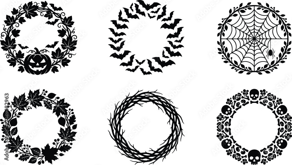 Fototapeta premium Halloween wreath silhouette vector icon set isolated on white background with halloween