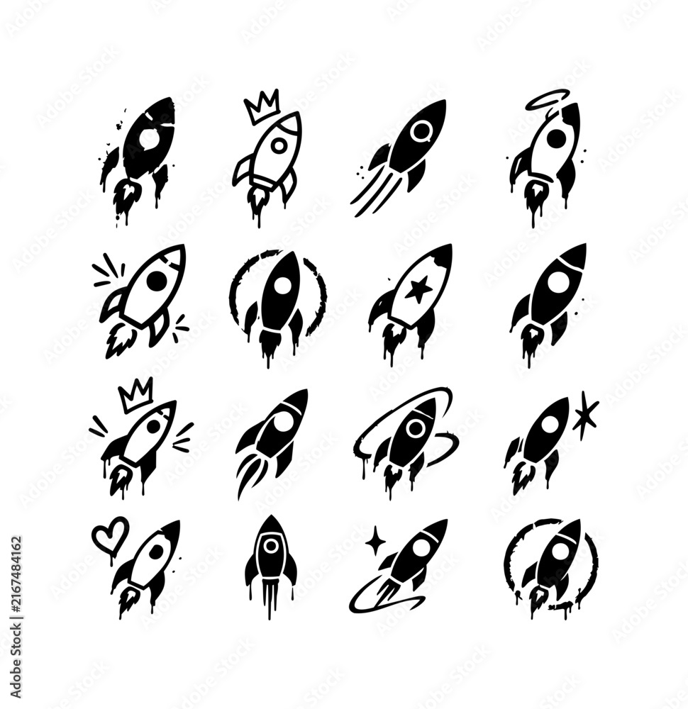 Obraz premium Rocket Ship Icon Set with Space Launch, Crown and Startup Symbols in Black Style