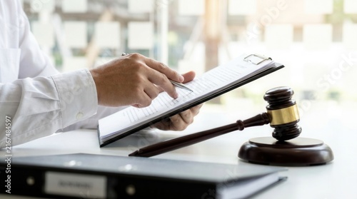 Lawyer businessman reviewing legal documents with a gavel on a desk in an office.