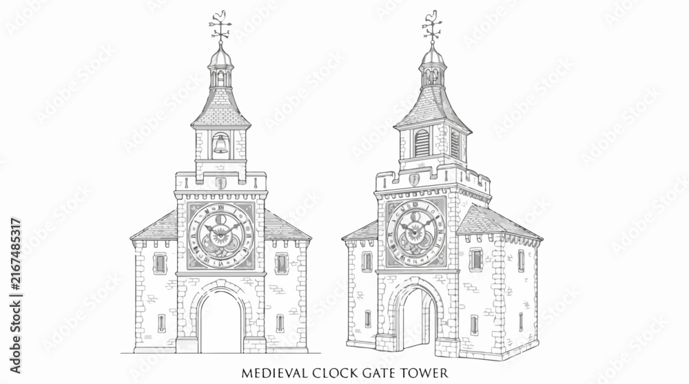 Obraz premium Architectural Line Art Sketch of Medieval Astronomical Clock Gate Tower