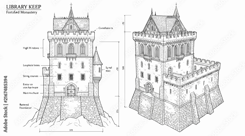 Obraz premium Detailed architectural drawing of a medieval fortified library keep