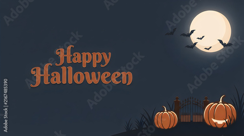 Happy Halloween greeting card, spooky night landscape with full moon and bats, carved pumpkins by a cemetery gate Halloween.PNG
