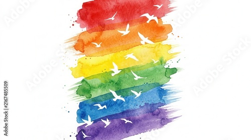 Rainbow watercolor brush strokes with white birds and Pride 2026 June text.