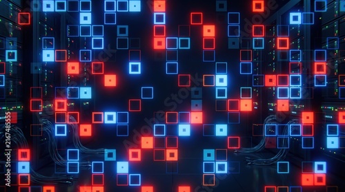 Abstract Digital Data Background with Glowing Red and Blue Neon Squares