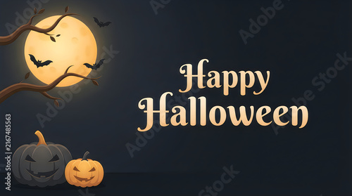 Happy Halloween greeting card with full moon, spooky jack o'lantern pumpkins, bats and dead tree branches on dark background Halloween.PNG