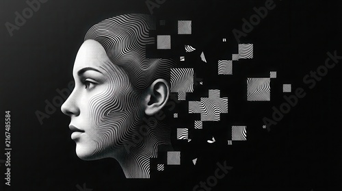 Stylized human face profile rendered in black and white digital patterns.