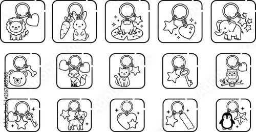 Cute keychain icons set animal charms lion rabbit frog elephant cat owl penguin line art vector illustration collection.