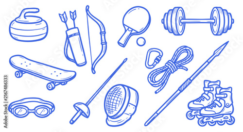 Hand drawn sports doodle set with dumbbell, skateboard, bow, arrows, table tennis, goggles, fencing sword, rope, roller skates, and fitness gear