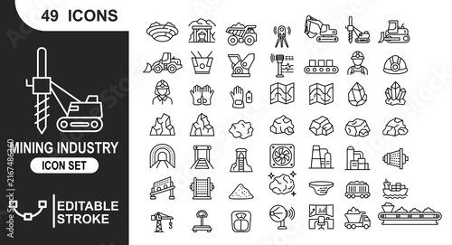 Canvas Print Heavy mining equipment vector line icon set featuring drilling machinery excavat