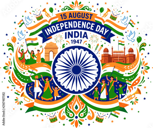India Independence Day 15 August Celebration Banner with Monuments