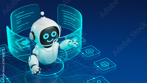 Plakat w ramie AI agent robot workflow automation orchestrator artificial intelligence data coding icon flow process assistant technology futuristic 3d rendering.