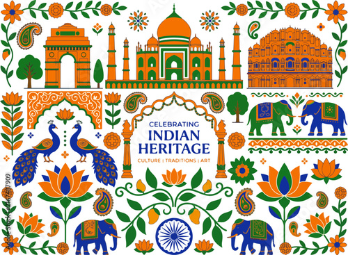 Indian Heritage Illustration with Landmarks and Cultural Symbols