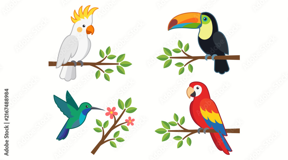 Naklejka premium Flat vector illustration set of exotic tropical birds including cockatoo, toucan, parrot, and hummingbird with flowers and leaves