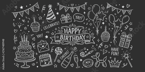 Canvas Print Happy Birthday Chalkboard Doodle Icon Set with Party Elements