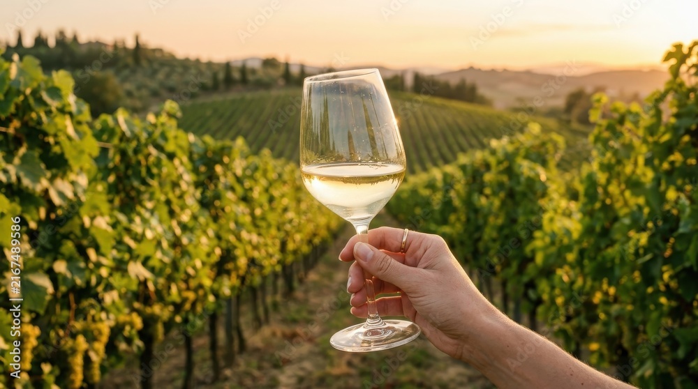 Fototapeta premium Woman holding wine glass with white wine in front of Tuscan vineyard