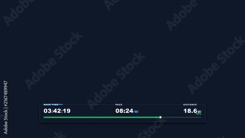 Digital fitness tracking interface showing elapsed time pace and distance metrics.