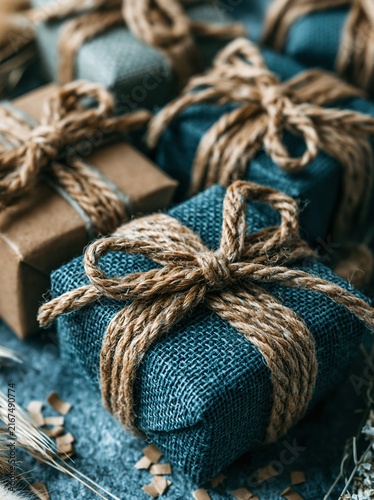 Rustic Burlap Gift Boxes Tied with Jute Twine Close-Up