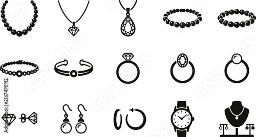 Set of various jewelry icons including necklaces rings bracelets earrings and watches in a simple black line style