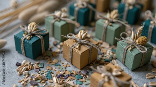 Small Kraft and Teal Gift Boxes with Natural Grain Decor