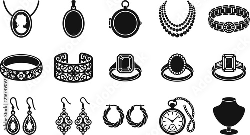 Set of various jewelry icons including rings necklaces earrings bracelets and pendants in a simple black line style