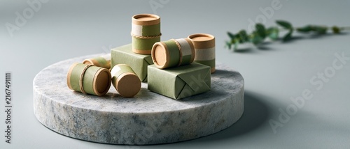 Minimal Eco Packaging Set on Marble Display with Greenery