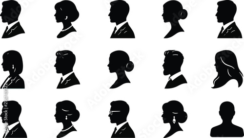 Set of diverse professional business people silhouettes in profile view isolated on a white background for corporate design