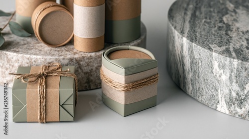Eco Boxes and Kraft Tubes on Stone Tray with Green Leaf