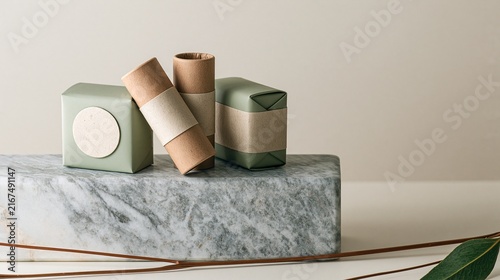 Sage and Kraft Packaging on Marble Slab with Dried Stem