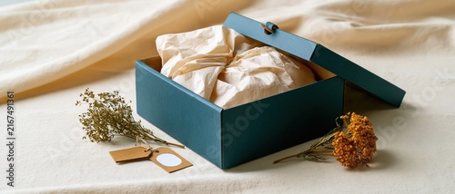Editorial top view of unboxing parcel delivery box