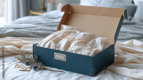 Minimalist packaging unboxing scene in flat lay