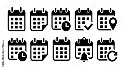 Collection of minimalist black calendar icons various time management symbols, checkmarks location pins notification bells and clock isolated on white bg.