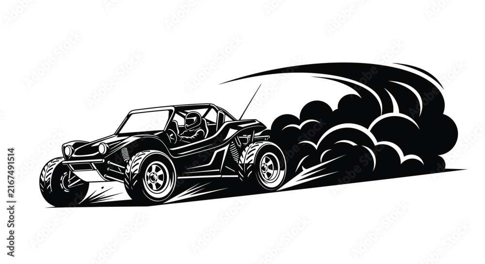 Naklejka premium Dune buggy with smoke trail black and white vector silhouette