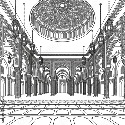 Black and white line art intricate view of grand mosque interior architecture ornate arches. Hanging lantern geometric ceiling patterns and carpeted floors.
