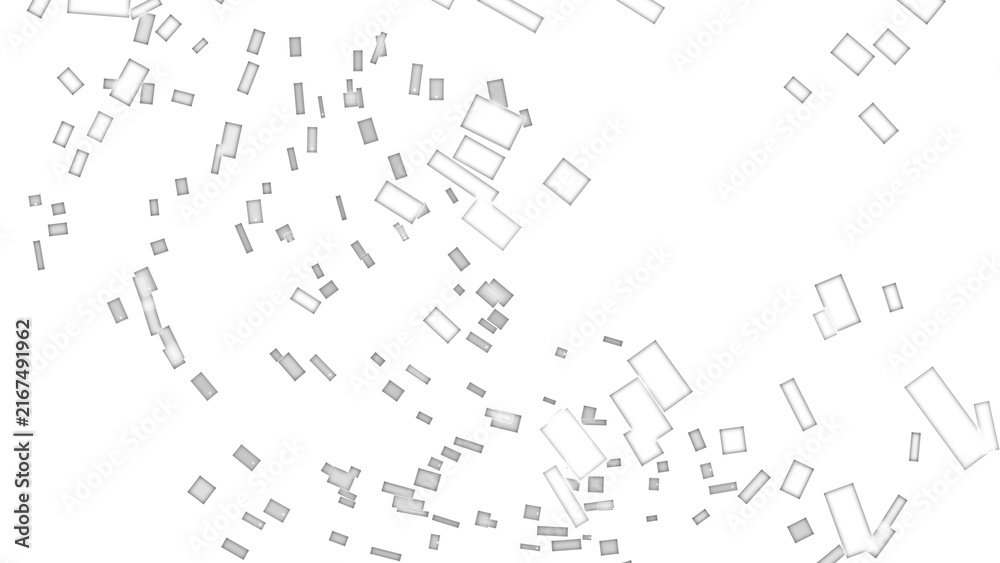 Obraz premium Abstract composition of floating white rectangular shapes scattered across a deep and solid black void