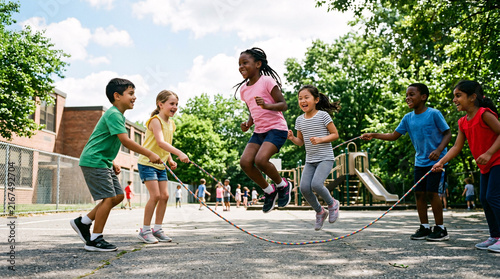 Energetic children of diverse backgrounds joyfully engage in a game of double dutch jump rope on a sunny day, fostering teamwork and active play in an outdoor schoolyard setting.