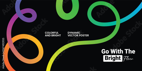 Rainbow gradient twisted thick flowing lines. Black background. Vector illustration.