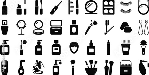 Cosmetics and makeup icon set illustrates various beauty products and skincare accessories in solid black silhouette on white.