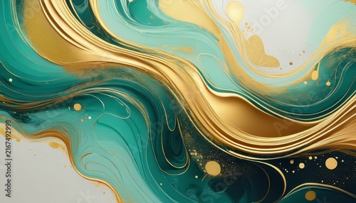 abstract fluid art background with gold and teal swirls