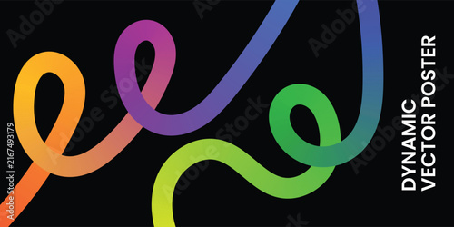 Bright multicolor gradient looped thick flowing lines. Black background. Vector illustration.