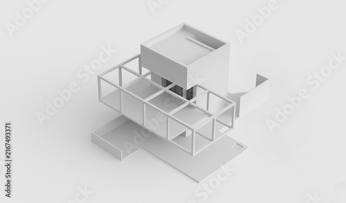 3D rendering of a conceptual architecture model featuring a modern house with geometric forms, structural frame, open space, and abstract building elements. Minimal architectural concepts. 3D render.