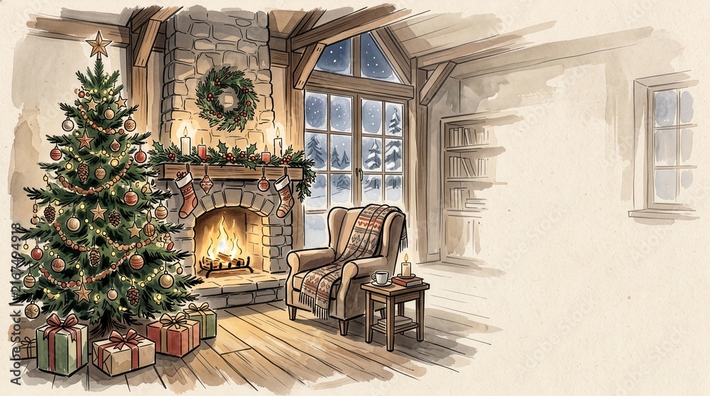 Obraz premium Sumi-e and watercolor style illustration of a decorated Christmas tree and a lit fireplace in a living room