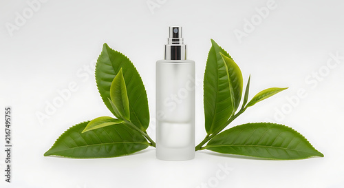 Fresh green tea leaves with stem on white