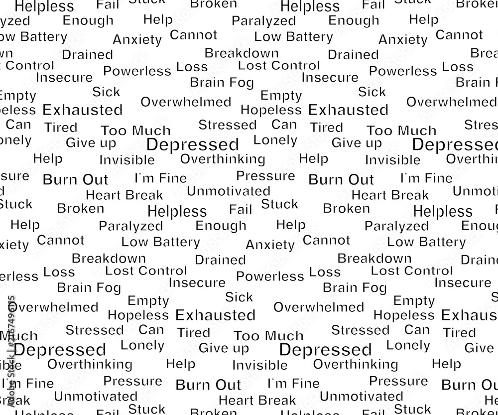 mental health stress and anxiety word typography seamless pattern background