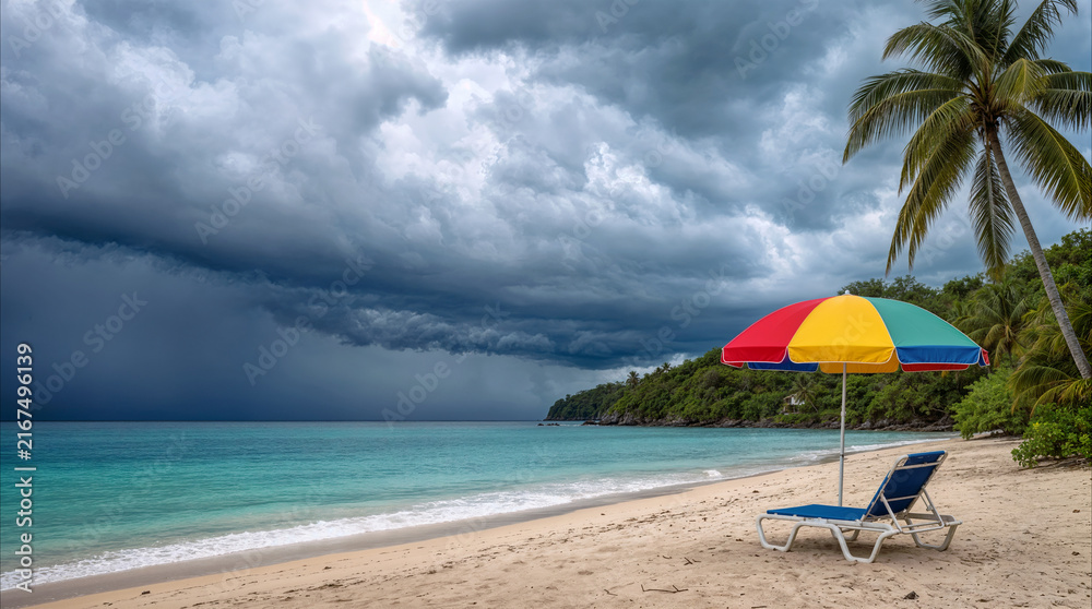 Fototapeta premium Dark storm clouds gathering over tropical beach with colorful umbrella and lounge chair. Dramatic weather change at seaside resort.