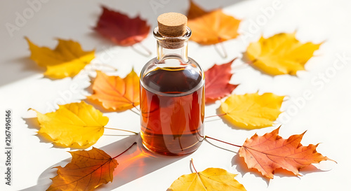 Glass jar with autumn leaves and spices