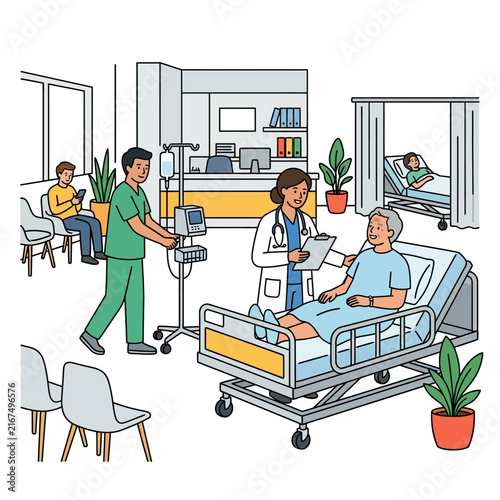 hospital doctor and nurse caring for patients in a hospital ward highlighting professional medical services and wellness.