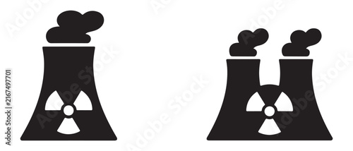 Fotografía Nuclear power plant cooling towers with radioactive symbols and smoke emissions set design vector