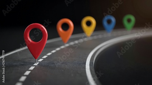 Colorful map location pins arranged along a curved roadway in a modern design setting
